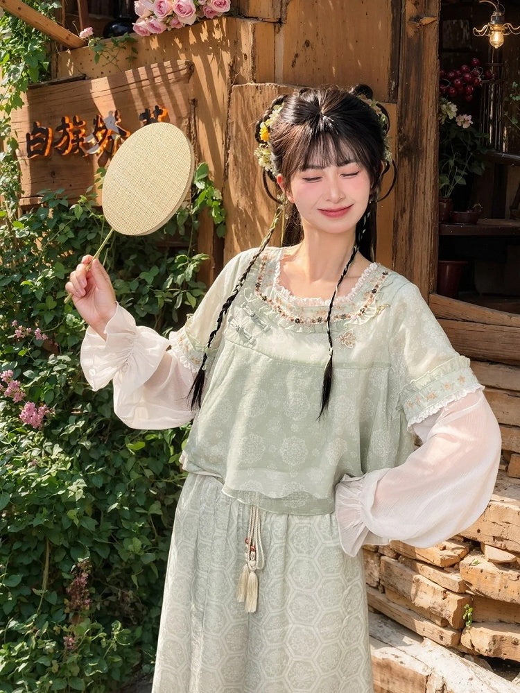 Green Jacquard Cheongsam Knot Buttons Chiffon Top Embroidery Style Floral Neckline