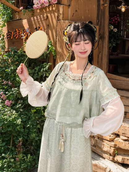 Green Jacquard Cheongsam Knot Buttons Chiffon Top Embroidery Style Floral Neckline