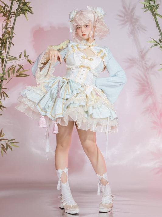 Light Green and Pink Chinoiserie Style Corset Dress Qi Lolita JSK Set