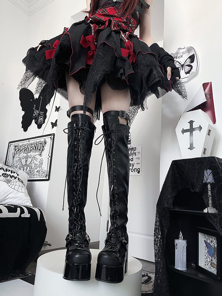 Matte Black Front Lace-up Ties Buckle Straps Heel Platform Thigh-high Boots