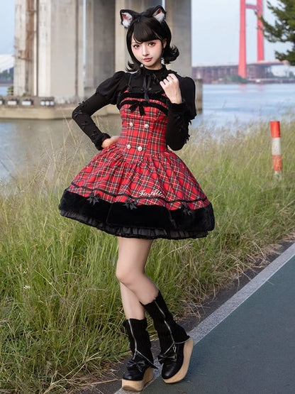 Robe à carreaux avec ourlet en peluche et oreilles de chat rouges de Noël, jupe pull Lolita