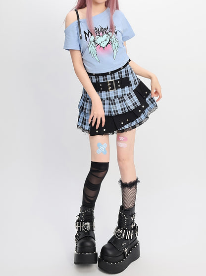 Y2K Light Blue Buckle Strap Tiered Plaid Skirt