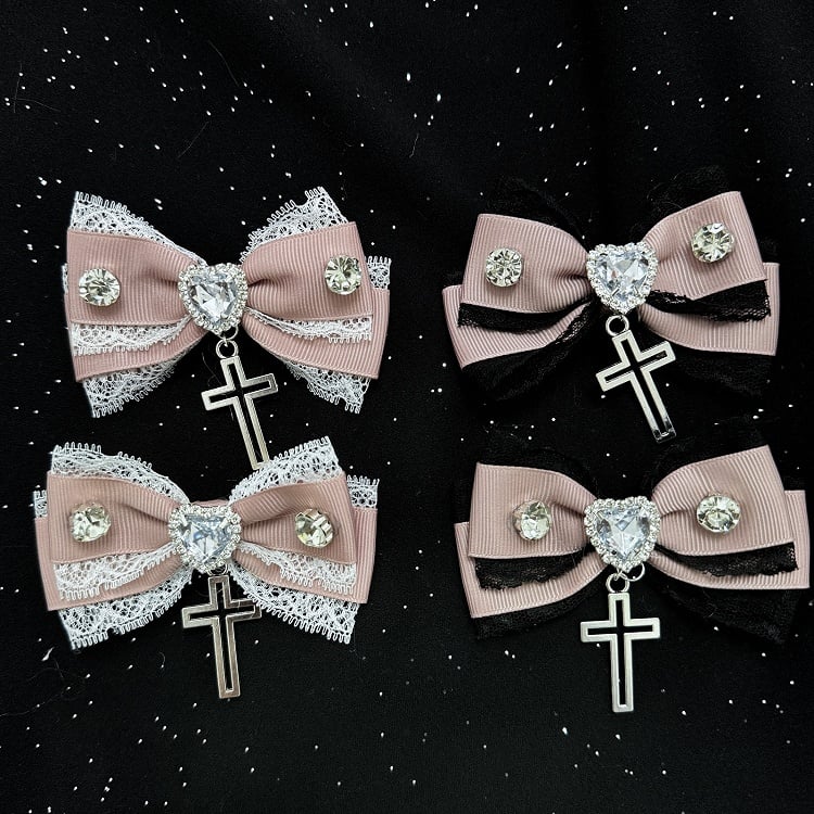 Jirai Kei Rhinestones Adorned Cross Charm Bowknot Hairclips