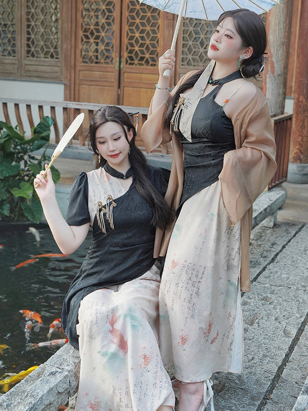 Side Slit Plus Size Qipao Black Dress White and