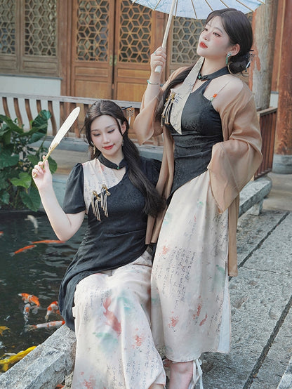 Side Slit Plus Size Qipao Black Dress White and