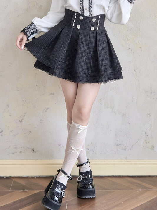Tweed Waist Black Skirt Jirai Kei Heart Rhinestones High
