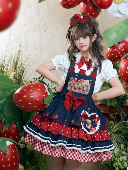 Trim Bear and Strawberry Embroidery Bows Navy Blue Lace Ruffled Heart-Shaped Charm