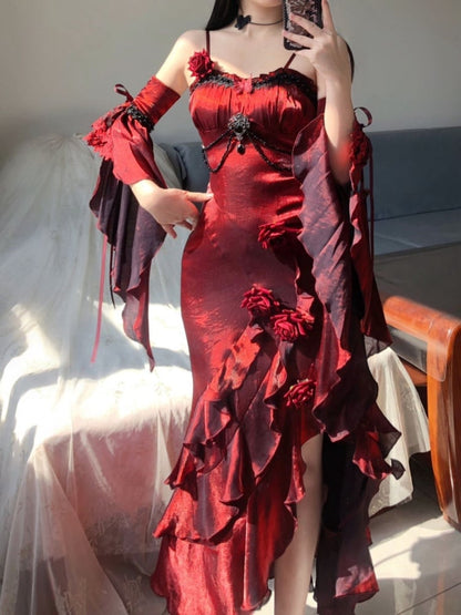 Burgundy Red Evening Gown Rosette Mermaid Dress with Detachable Flounce Sleeves