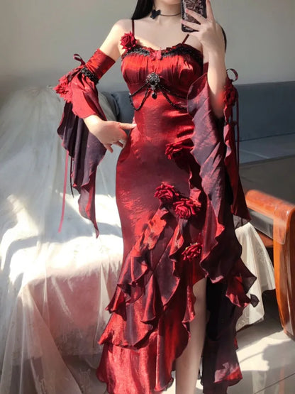 Flounce Sleeves Gown Mermaid Dress Rosette Evening Detachable with Red Burgundy