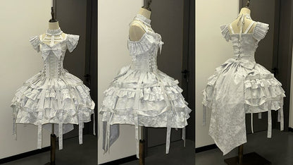 with Lace-ups Ovarlay Gothic Corset Dress Design Detachable and Skirt Silver Bow Lolita Big Birdcage Waist