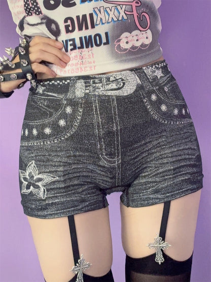 Y2K Denim Print Blue/Black/Gray With Shorts