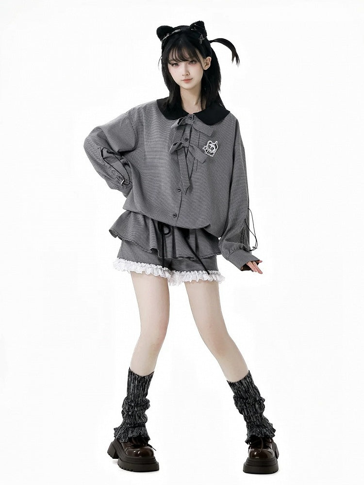 Blouse Drawstring Black and White Plaid Peter Pan Collar Bow Accents Cuffs