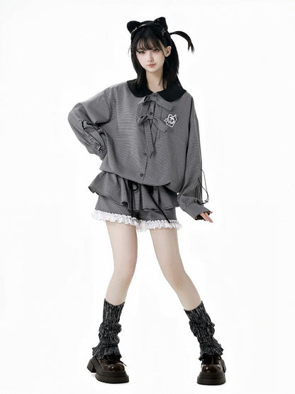 Blouse Drawstring Black and White Plaid Peter Pan Collar Bow Accents Cuffs