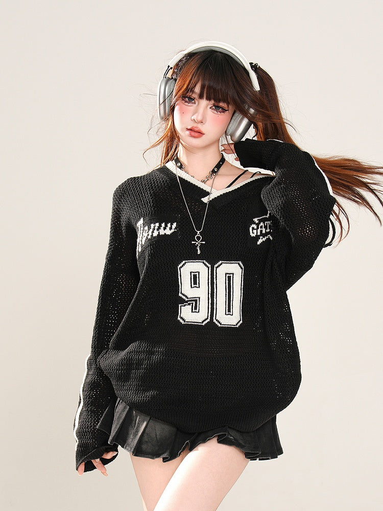 Black/White Asymmetrical Neckline Sun Protection Hollow-out Top