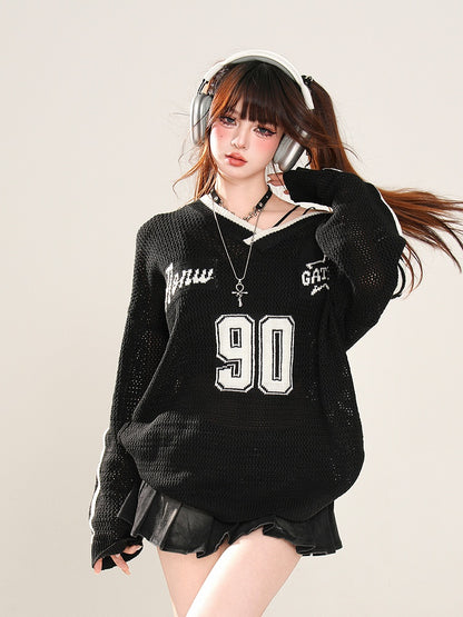 Black/White Asymmetrical Neckline Sun Protection Hollow-out Top