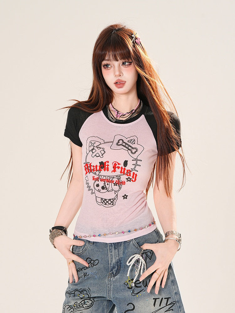 Gray/Pink Colorblock Design Kitty Print T-Shirt