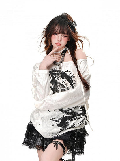 Black/White Asymmetrical Neckline Distressed Holes Butterfly Loose Top