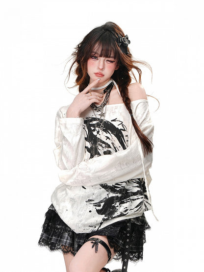 Black/White Asymmetrical Neckline Top Loose Holes Butterfly Distressed Print