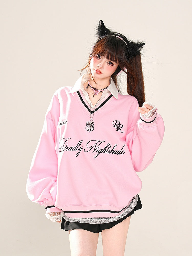 Apricot/Pink Polo Collar Letter Embroidery Spring Loose Sweatshirt Faux Two-pieces