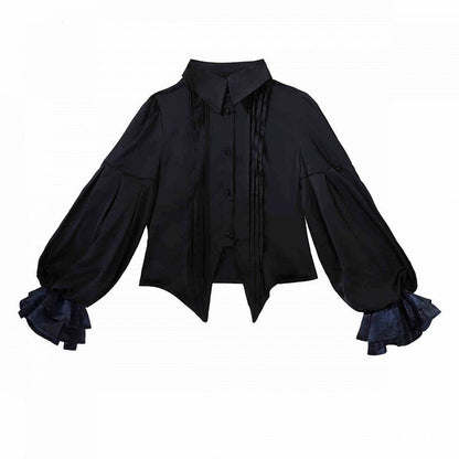 Long Shirt - Black Ouji Blue + Sleeves Tie Waistcoat Jabot Full and Prince Shorts Lolita Set