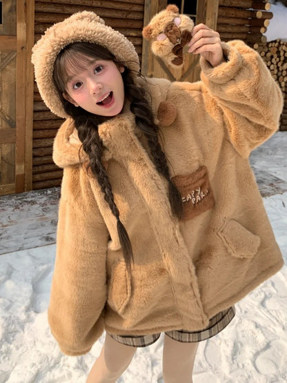 Cute Capybara Adorned Brown Plush Zip Hoodie