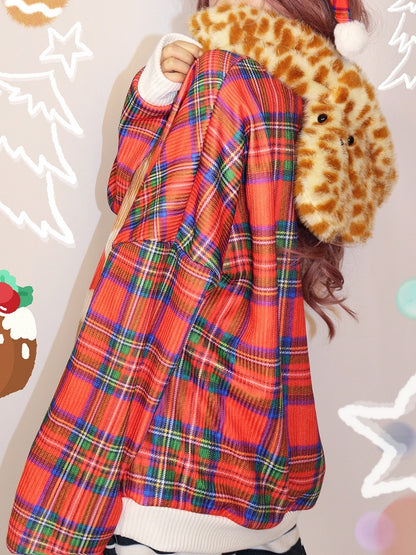 Christmas Plaid Sweatshirt With Puppy Print Red