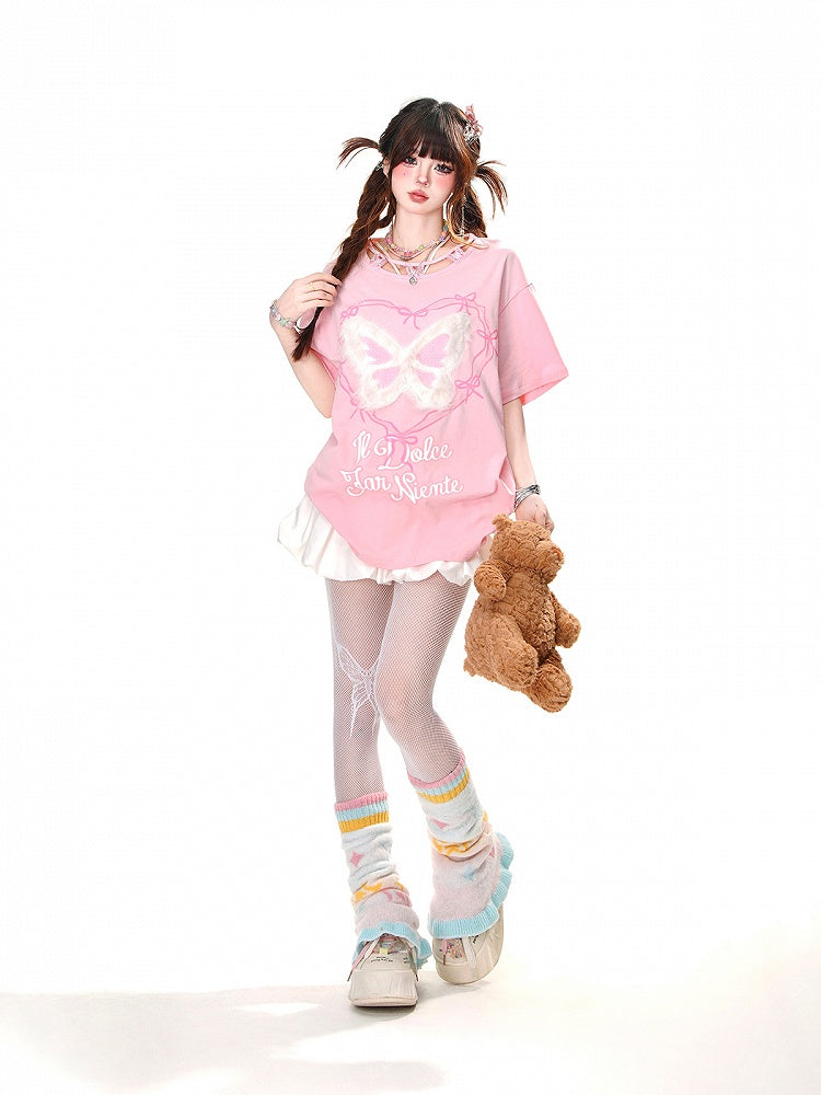 Butterfly Design Neckline Plush Butterfly Pink/Black Graphic T-shirt