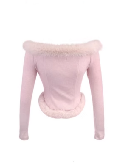 Off-Shoulder Knit Top With Faux Fur  Charming Bow Accent Pink
