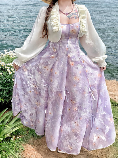 Details Chiffon Floral Cami Dress Ways Three Plus Size Purple Bowknots Wear