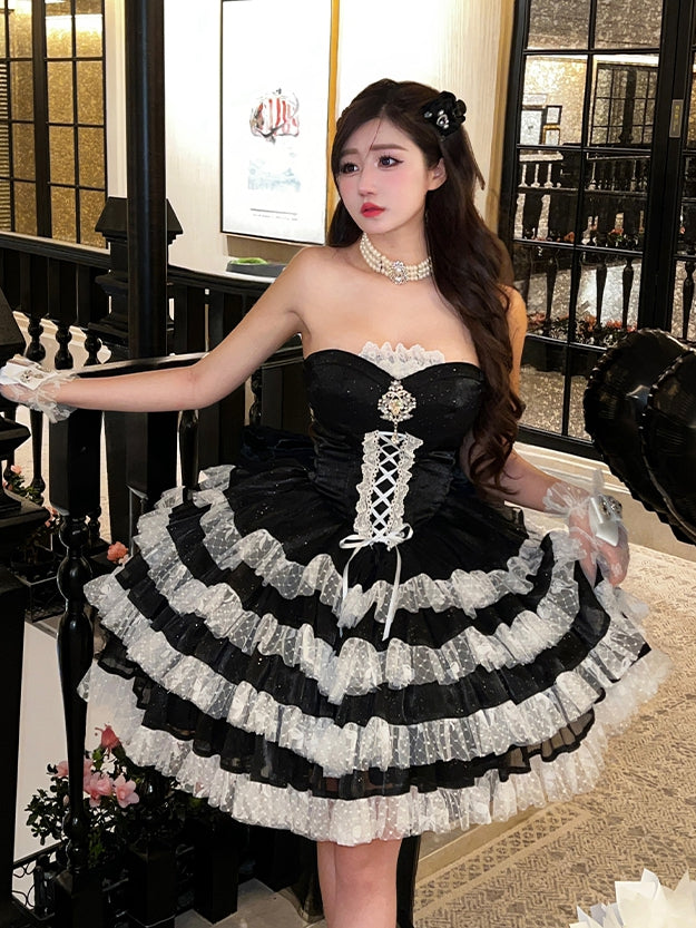 Shimmering Black Corset Waist Layered Skirt Strapless Party Dress