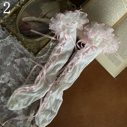 Stockings/Pink Pink Straps Stockings/White Overknee Self-tie Socks/Leg Underknee White Striped Lace Ruffle Loop