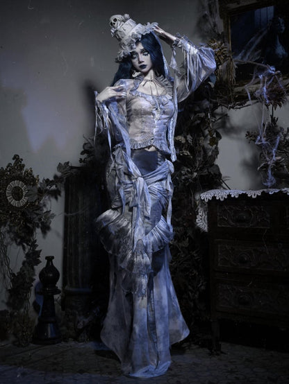 Dusty Blue Ruffle Flounce Knees Corpse Bride Goth Mermaid Skirt