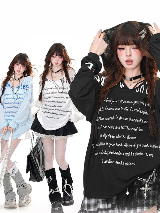 Black/White/Blue Semi-sheer V-neck Letter Loose Hoodie