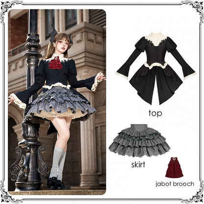 Gothic Lolita Full Set - Black Swallow Tail Long Sleeves Top + Gray Tiered Skirt + Red Jabot Brooch