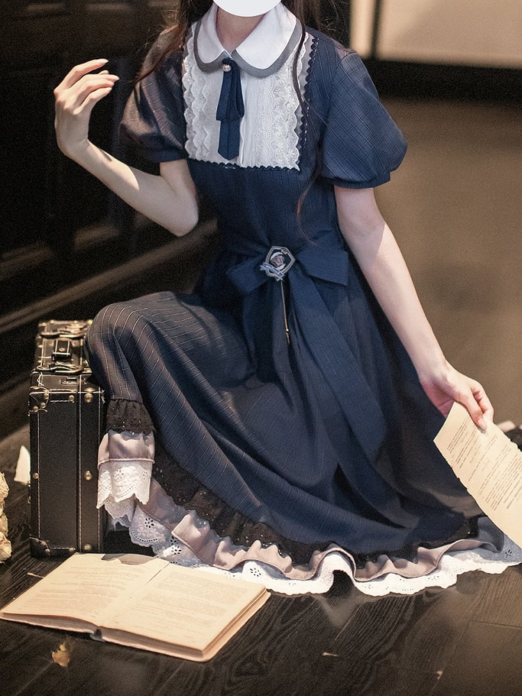 Blue Navy Piece Peter Pan Collar and Puff Sleeves Pattern Classic Plaid Lolita One with Elegant in