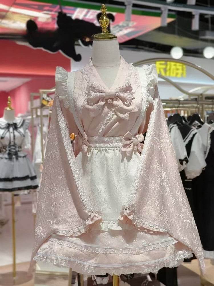 Wa Kei Pink Set-Bell Full Style Jirai Sleeves Blossom Apron Dress+Flutter Outfit Festival Cherry