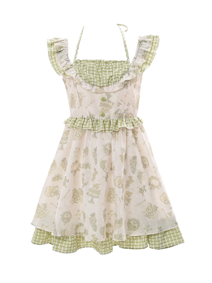 Kei Green Plaid Flutter Sleeves Halter Dress Light Cartoon Print Mori