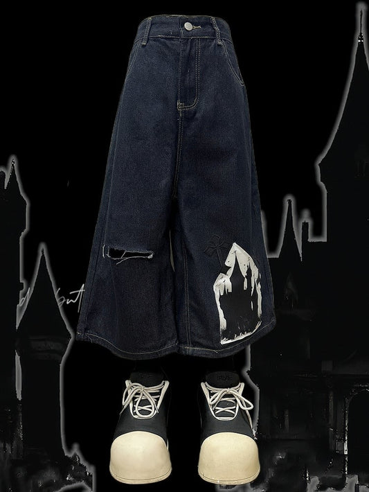 Shorts mit Kreuzapplikation, dunkelblau, Distressed-Löcher, weites Bein, Cargo, Y2K