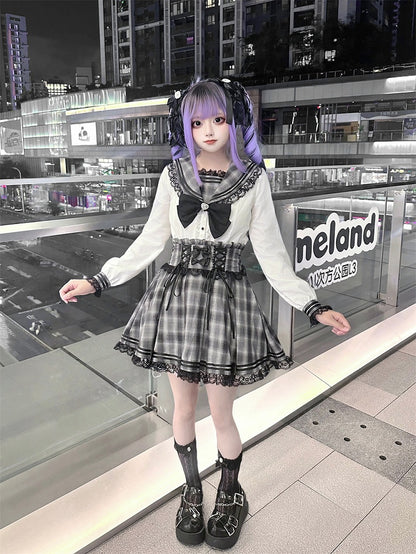 Plaid Gray Kei Style Waist Jirai High Skirt Lace-up with