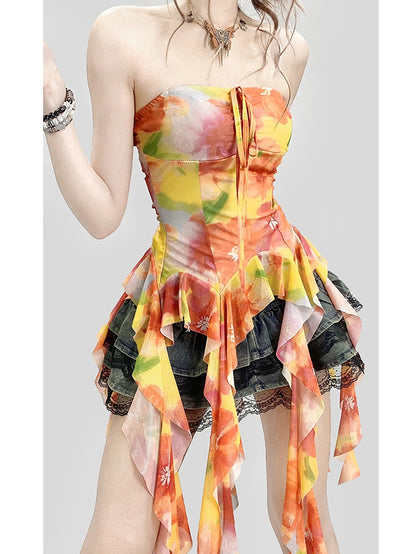 Print Top Ruffle Accents Orange Tube Holiday Floral Cascading