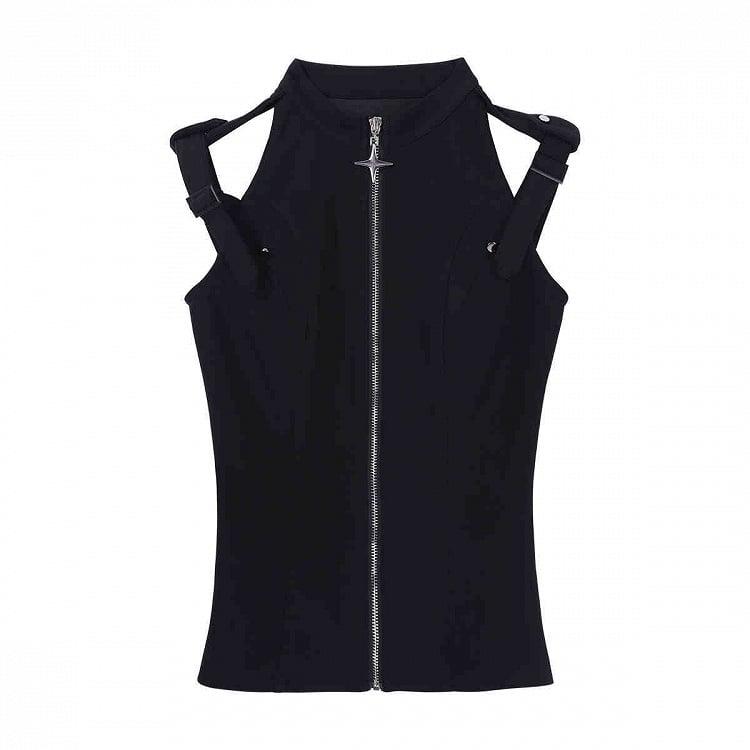 Black All Full Fashion Sleeveless Ouji Techwear - Gothic Set Top