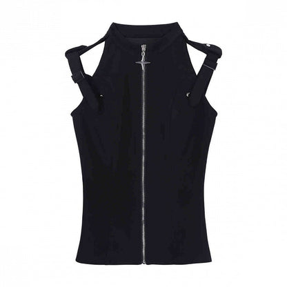 Black All Full Fashion Sleeveless Ouji Techwear - Gothic Set Top