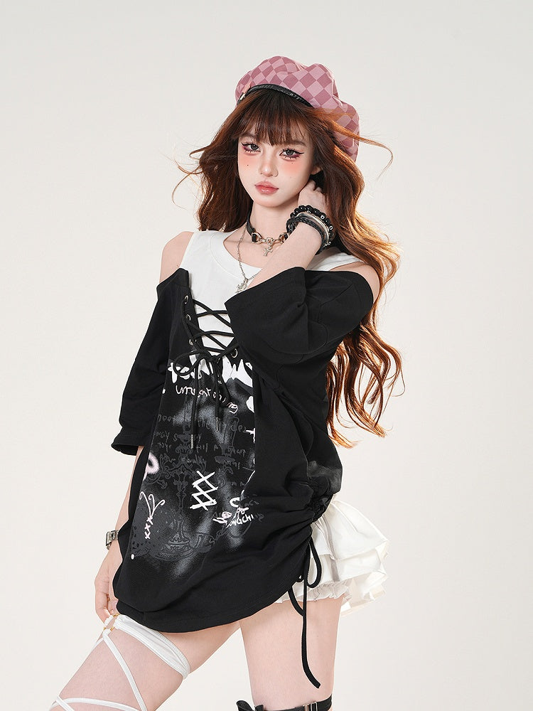 Lace-up Front Candlestick Print Black/Gray T-shirt