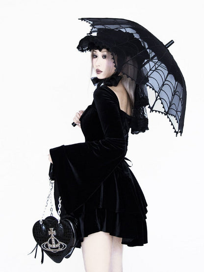 Gothic Black Velvet Bell Sleeves  Tiered Skirt Witch Dress