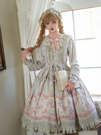 Robe Lolita douce à manches longues, motif floral et chaton, style maison rose, printemps