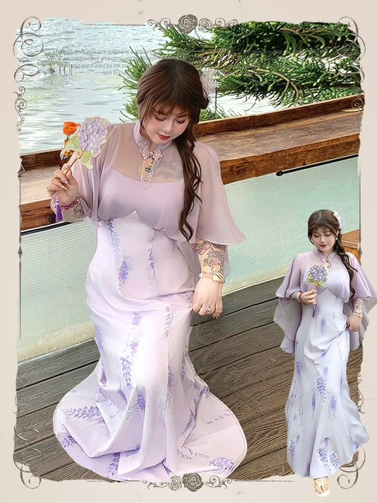 Qipao Design Dress Plus Size Cheongsam Style Purple Print Cape Wisteria