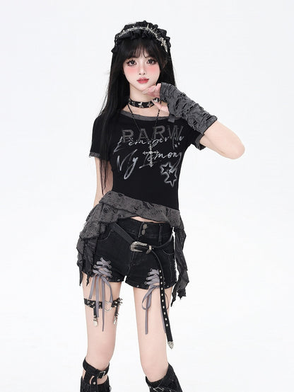 with Leg Hem Denim Shorts Lace-up Details Black Butterfly and Warmers Gray Applique