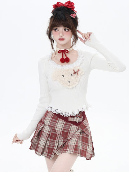 White/Grey/Black Plush Puppy Applique Lace Trim Knit Top