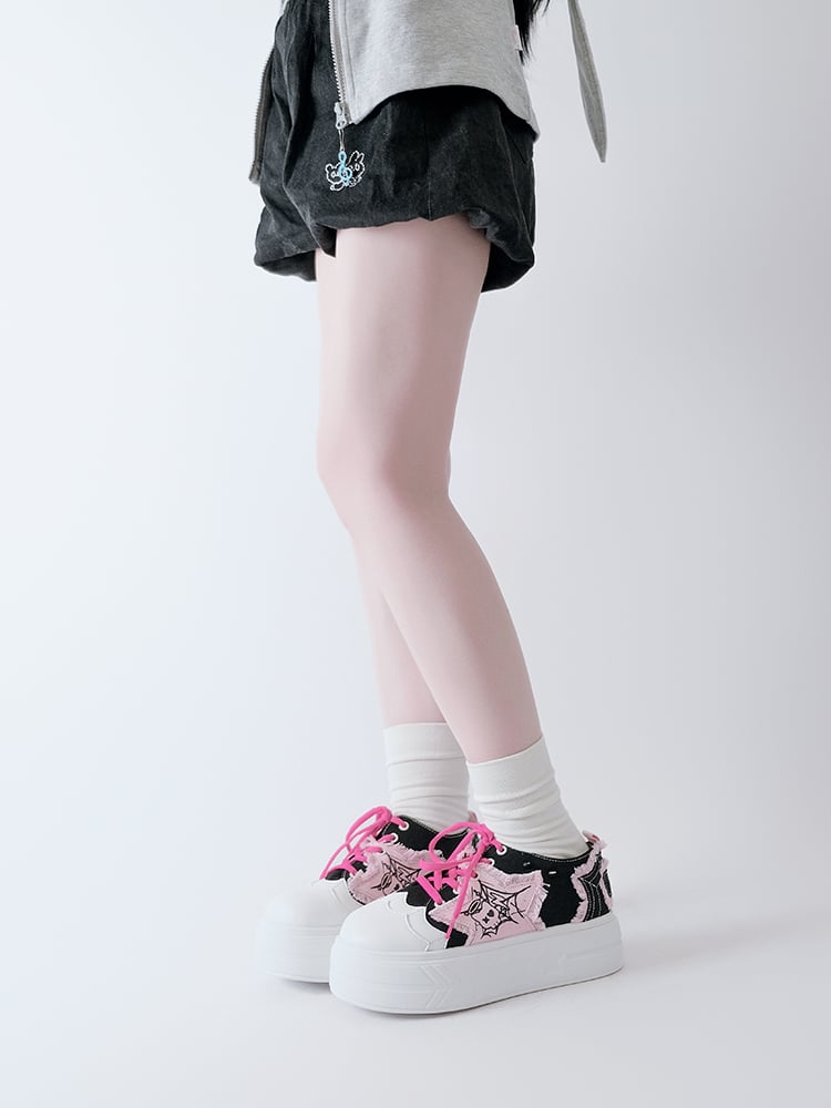 Black Pink Star Applique Platform Sneakers