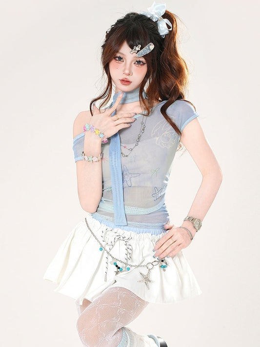 Starfish and T-shirt Shell Semi-sheer with Asymmetrical Neckline Blue Print Free Scarf
